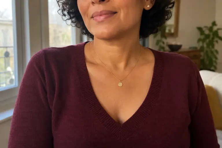 Des bijoux sont choisis pour accompagner une encolure sobre
