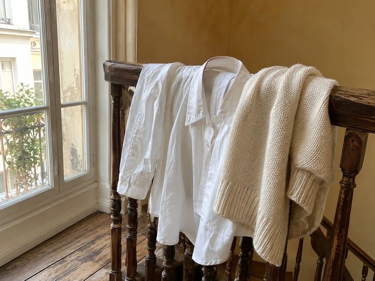 Des vêtements blanc optique et écru sont comparés à la fenêtre