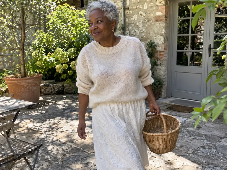 Une femme porte un pull crème et une jupe blanche texturée