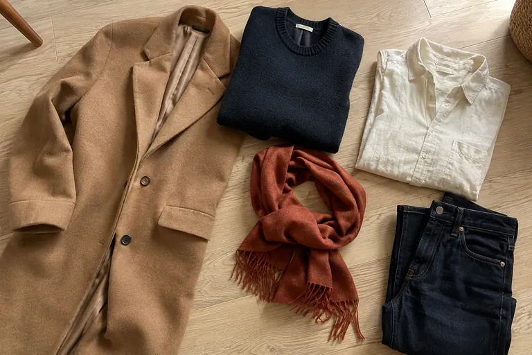 Des vêtements camel, marine, rouille et crème disposés à plat pour composer une palette harmonieuse