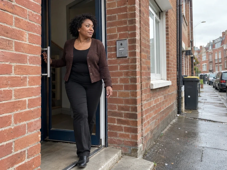 Une femme associe un cardigan marron à une tenue noire
