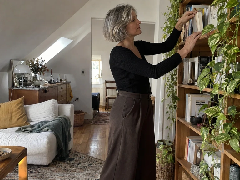 Une femme porte du marron foncé avec un haut noir à la maison
