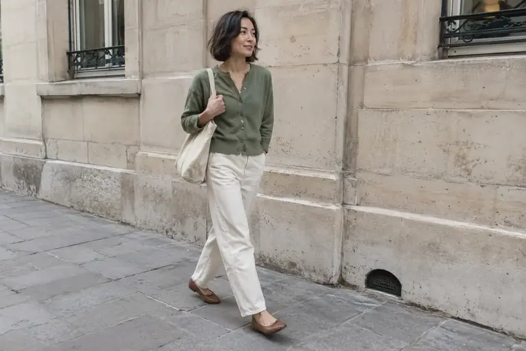 Une femme porte un cardigan vert sauge avec un pantalon crème