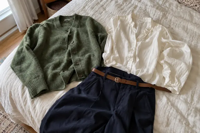 Un cardigan vert sauge est associé à une blouse crème, un pantalon marine et une ceinture brune