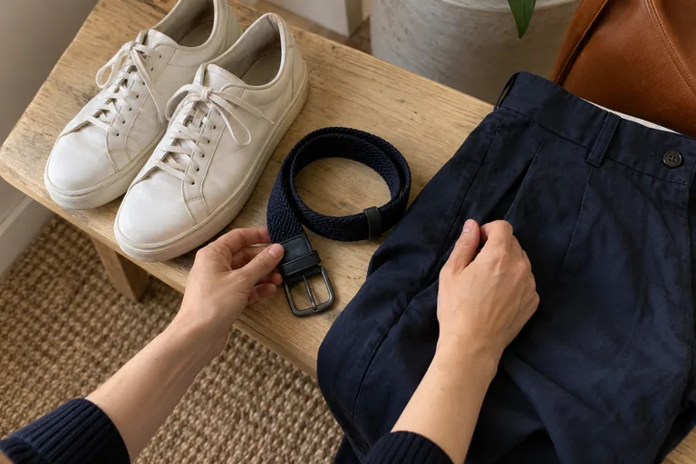 Unas manos sostienen un cinturón trenzado oscuro junto a tenis blancos y pantalón azul marino