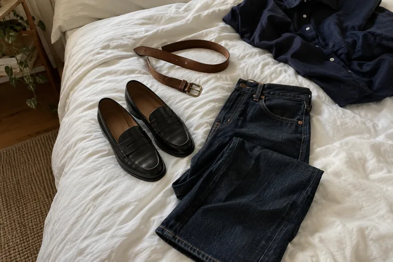 A brown belt and black loafers with jeans on a bed