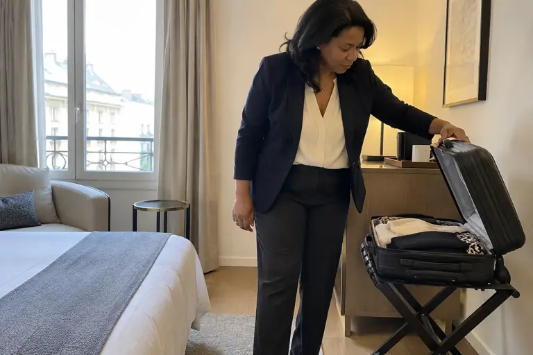 Une femme en ensemble bleu marine prépare sa valise pour un déplacement professionnel