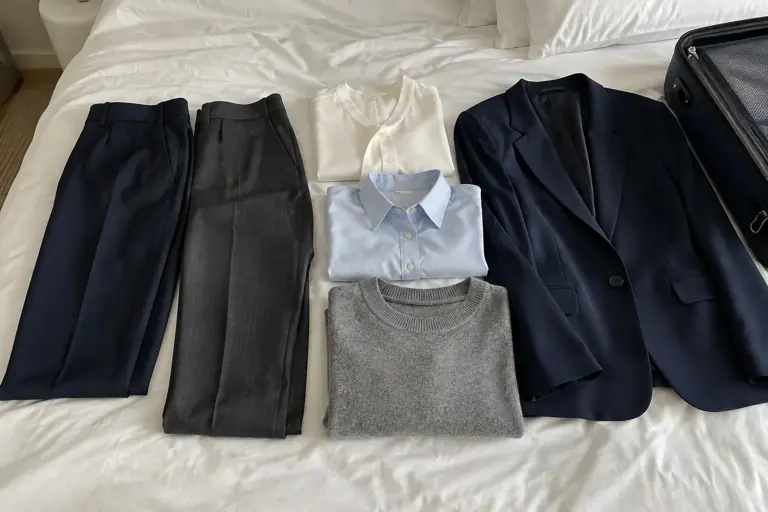 Deux bas, plusieurs hauts et une veste sont préparés comme une petite capsule professionnelle