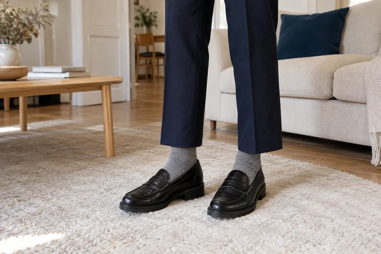 Un conjunto con mocasines y calcetines en un interior claro