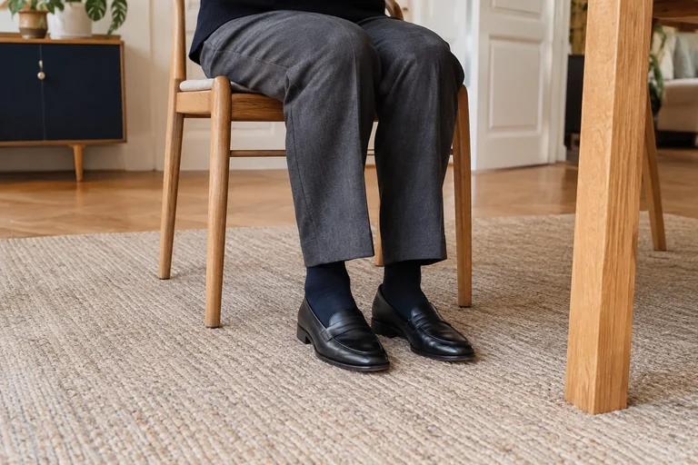 Una mujer sentada lleva mocasines con calcetines visibles