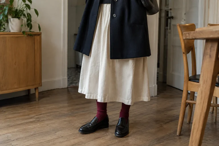 Otro conjunto combina falda, calcetines y mocasines