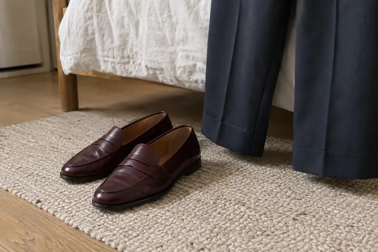 Des mocassins bordeaux sont placés près de l’ourlet d’un pantalon marine