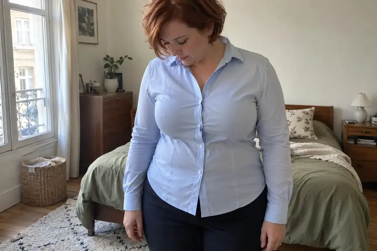 Une femme essaie une chemise bleue qui tire à la fermeture