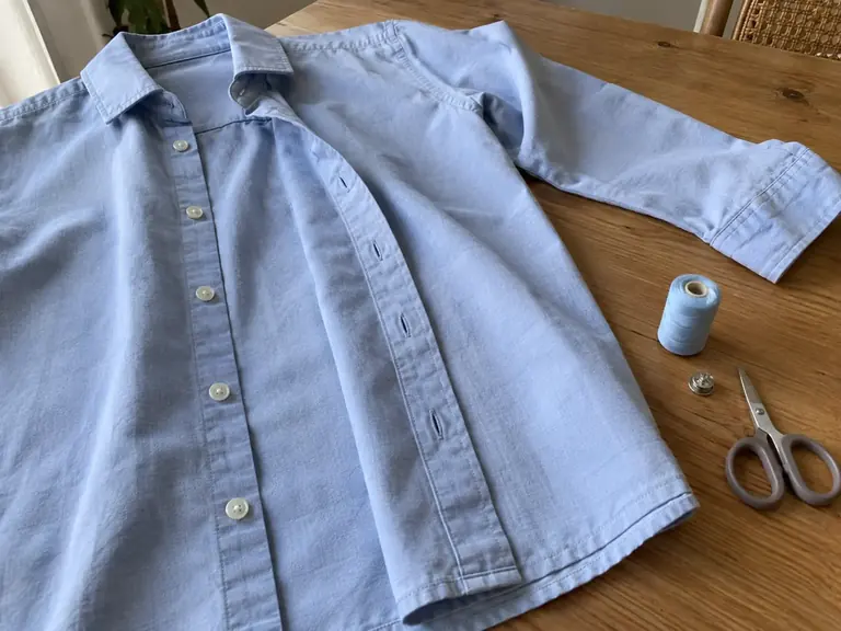 Une chemise bleue et un petit bouton-pression sont préparés sur une table de couture