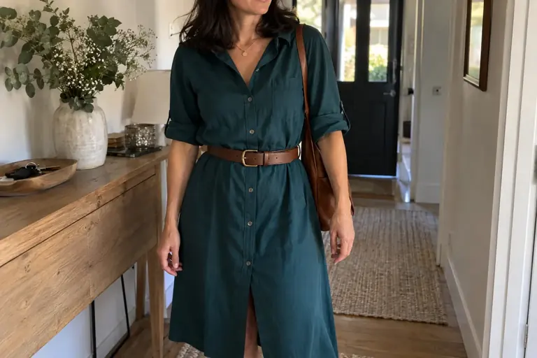 Une femme porte une ceinture marron sur une robe-chemise vert foncé