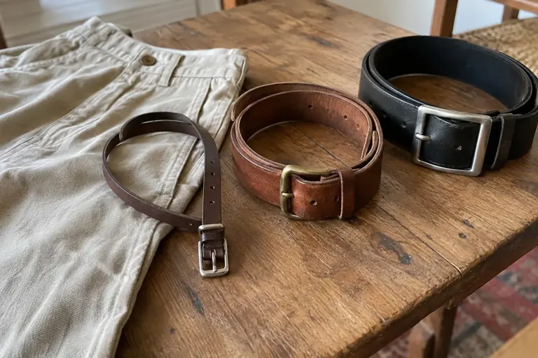 Trois ceintures de largeurs différentes sont disposées près d’un pantalon beige