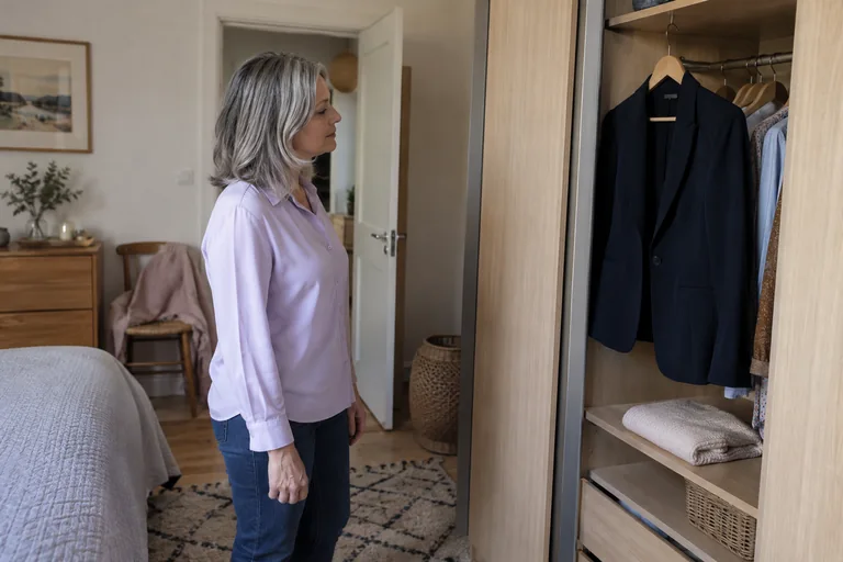Femme aux cheveux gris courts près d’une penderie ouverte avec une veste suspendue et une maille pliée