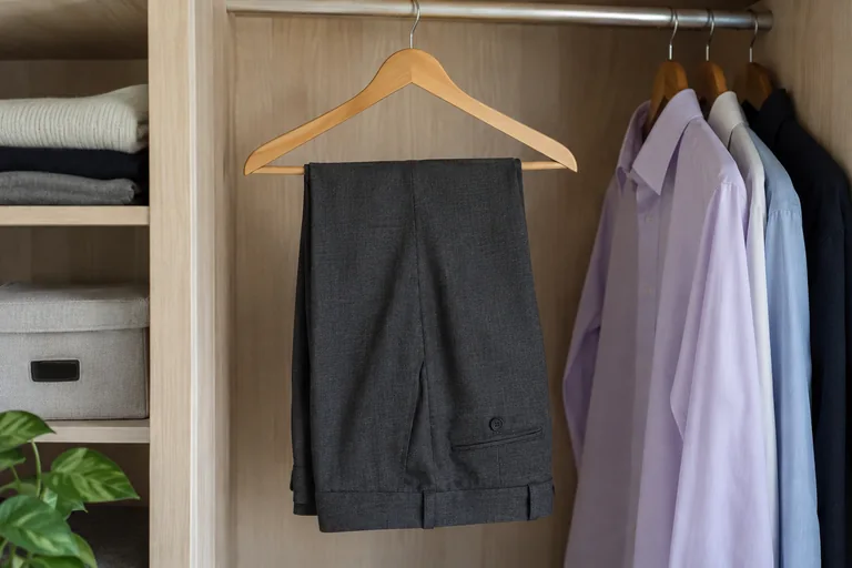 Un pantalon gris est plié sur la barre d’un cintre en bois
