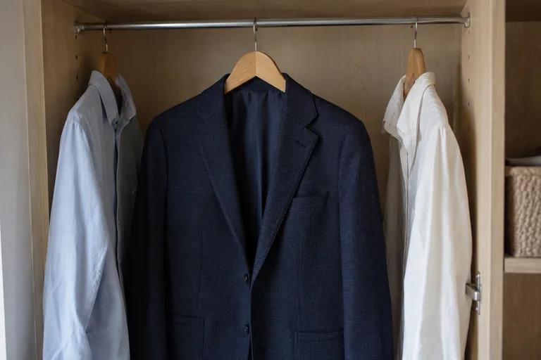Une veste bleu marine repose sur un cintre en bois dans une penderie