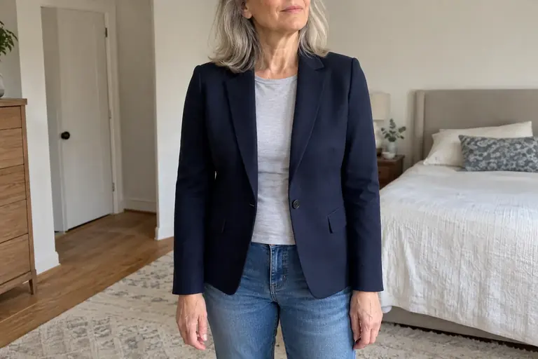 Une femme porte un blazer marine aux manches près du poignet