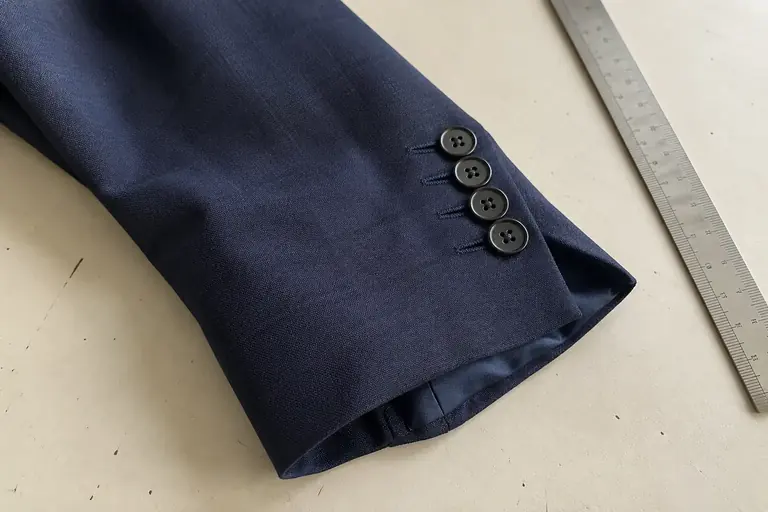Le bas d’une manche de blazer avec boutons est posé sur une table