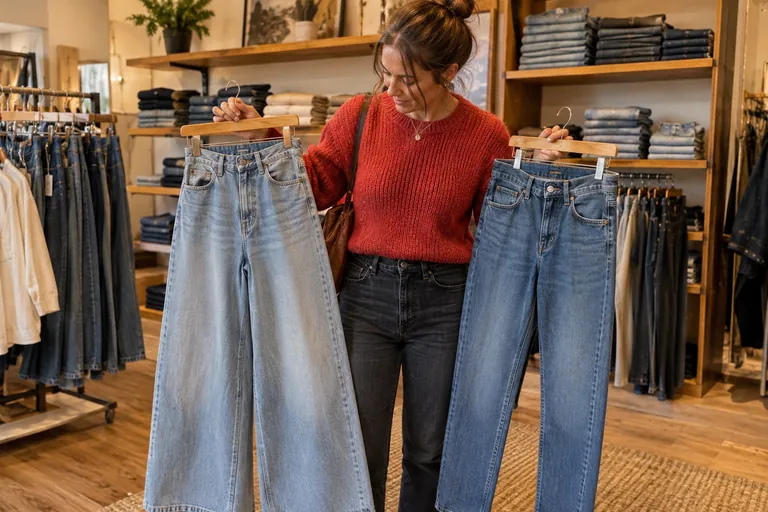 Une femme compare deux jeans de coupes différentes dans une boutique de denim