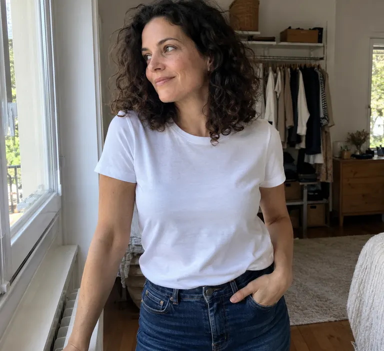 Une femme porte un t-shirt blanc près d’une fenêtre