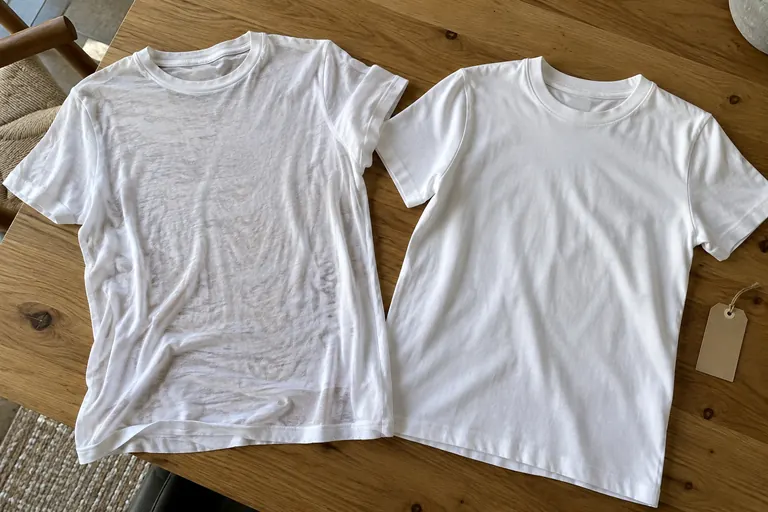 Deux t-shirts blancs de textures différentes sont posés sur une table en bois
