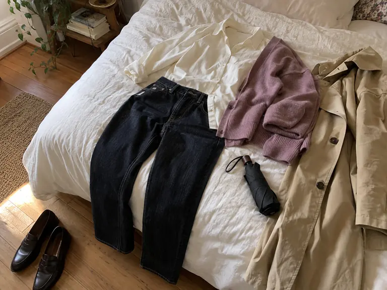 Un jean, une chemise écrue, un cardigan mauve, un trench et un parapluie préparés sur un lit