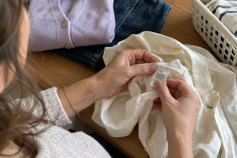 Des mains lisent l’étiquette intérieure d’une chemise blanche près de vêtements pliés