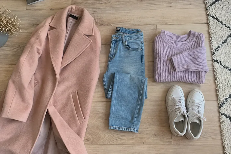 Un manteau rose, un jean, un pull lilas et des baskets blanches disposés à plat sur un parquet clair