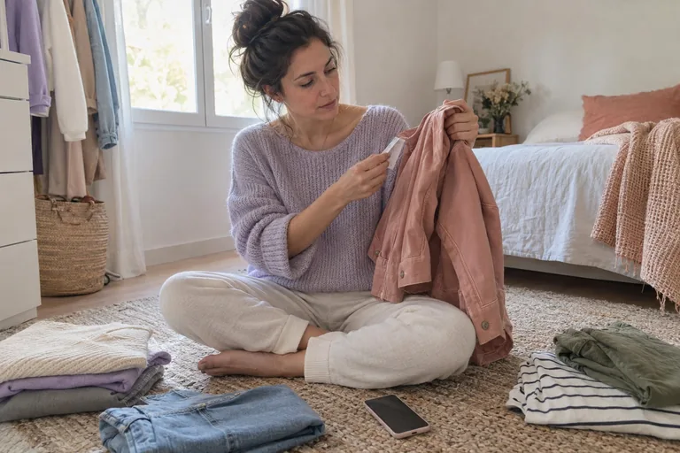 Une femme assise par terre dans sa chambre examine l’étiquette de prix d’une veste, quelques vêtements pliés autour d’elle