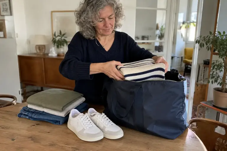 Une femme range des vêtements propres dans un sac destiné au don