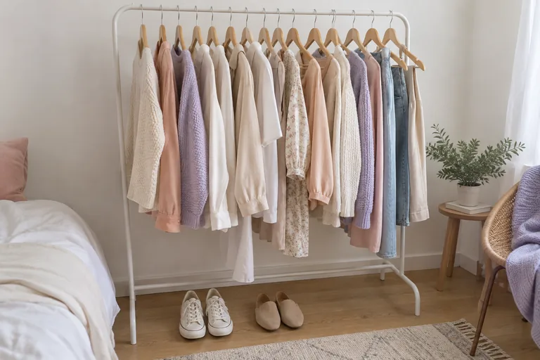 Un portant minimaliste avec une quinzaine de vêtements aux tons doux sur des cintres en bois, deux paires de chaussures en dessous