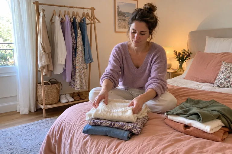 Une femme trie des vêtements en deux petites piles sur son lit, à côté d’un portant à moitié vide