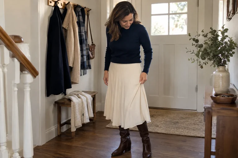 A woman comparing two light clothing layers