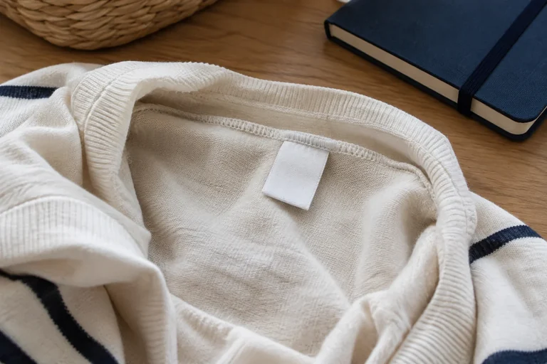 A hand examining a garment’s inside label