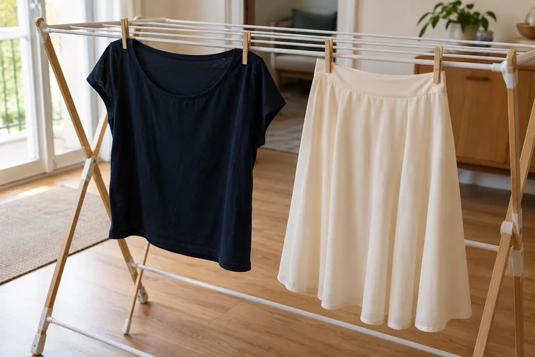 A light sweater drying flat beside a drying rack