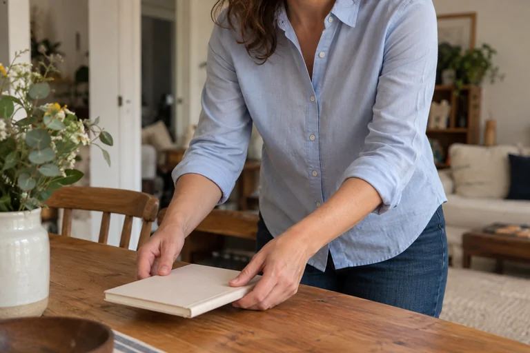 A woman in a blue shirt leans toward a notebook on a table.