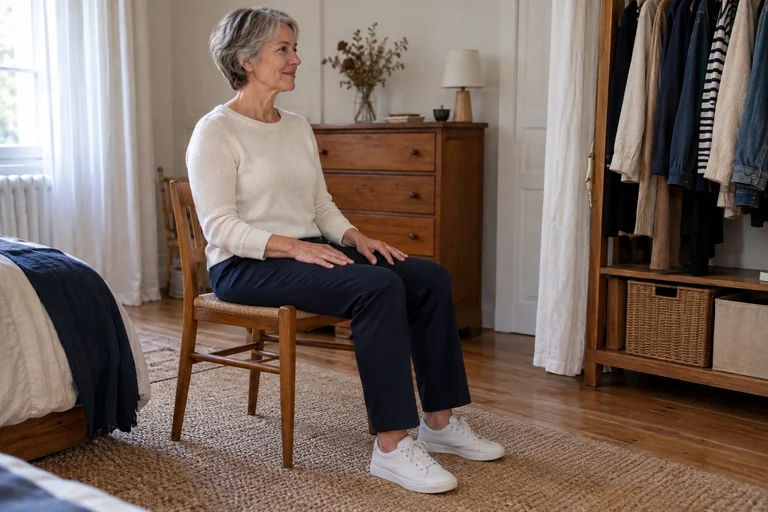 A woman in navy pants and a light sweater sits on a chair.