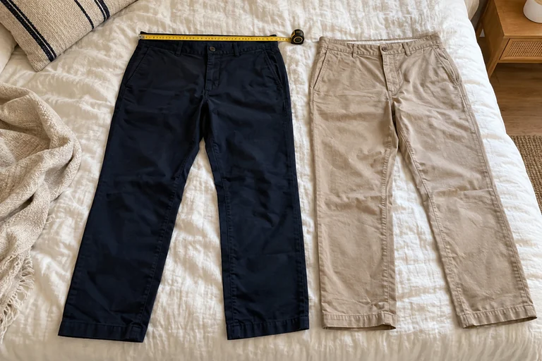 Two pairs of pants lie flat, with a measuring tape along the navy waistband.