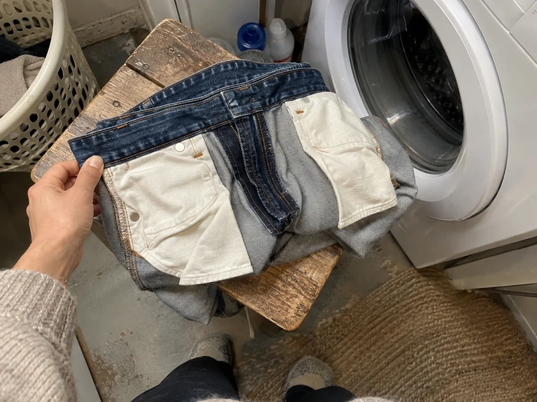 L’envers d’un jean est préparé avant lavage