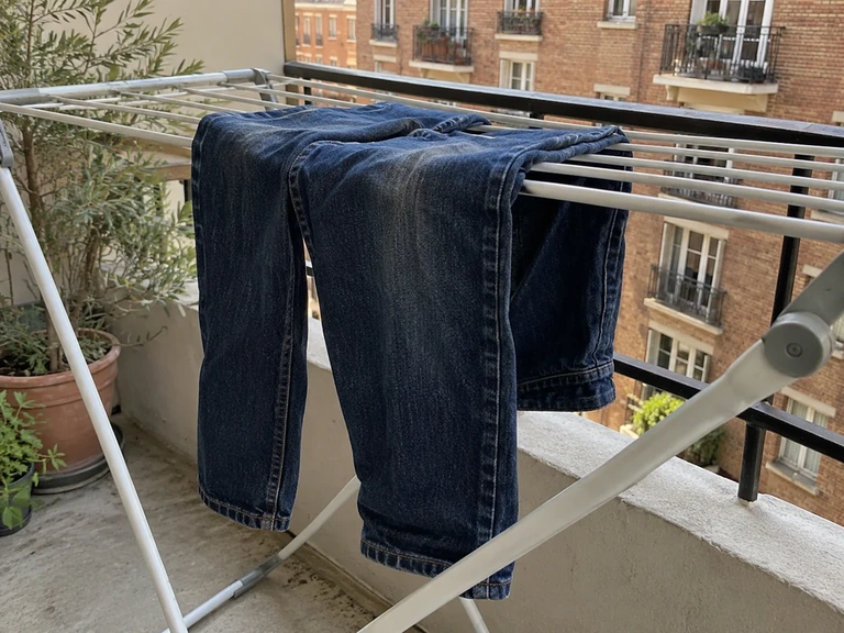 Un jean sombre sèche à l’ombre sur un étendoir