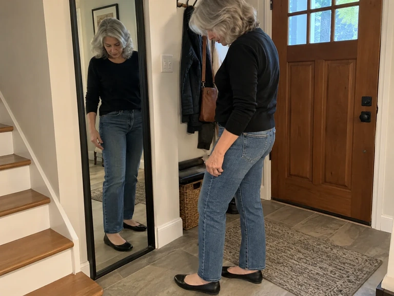 Une femme réessaie un jean avec ses chaussures habituelles