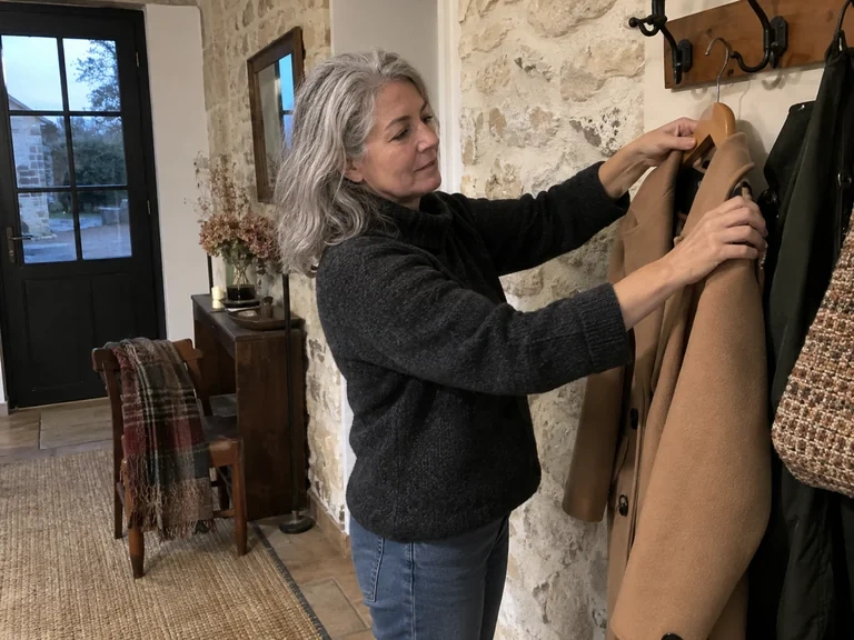 Une femme suspend son manteau après une promenade