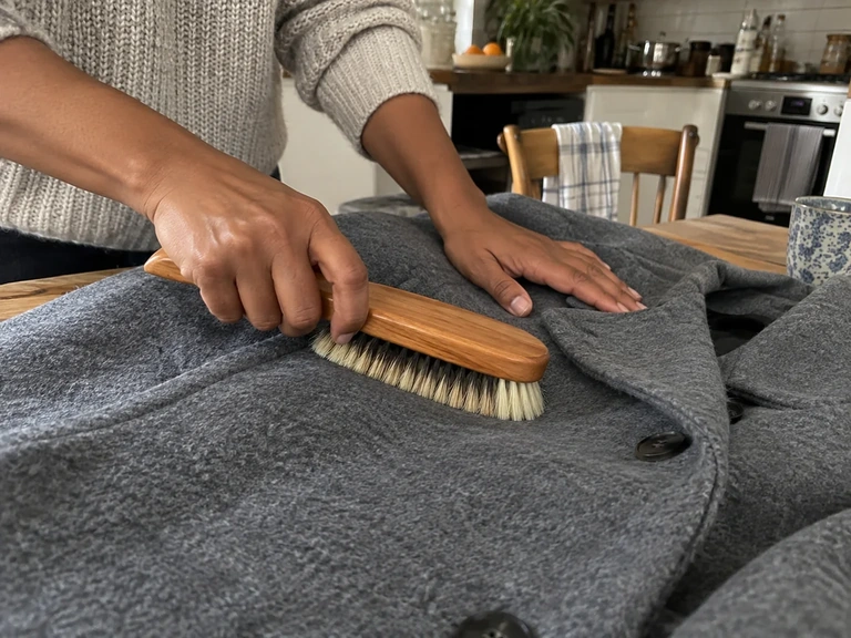 Une brosse souple est utilisée sur un manteau en laine