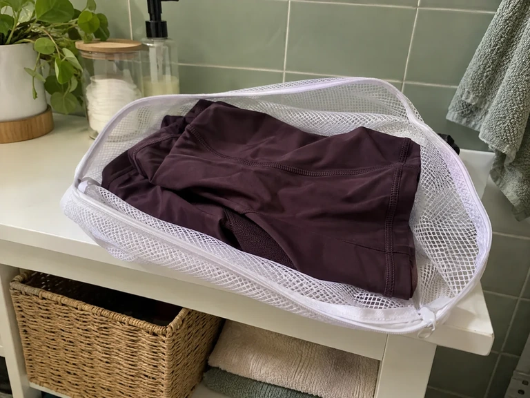 Un legging est placé dans un filet de lavage