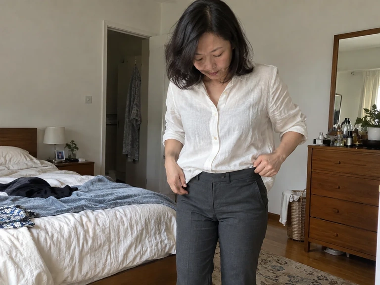 Une femme vérifie le maintien d’un pantalon extensible