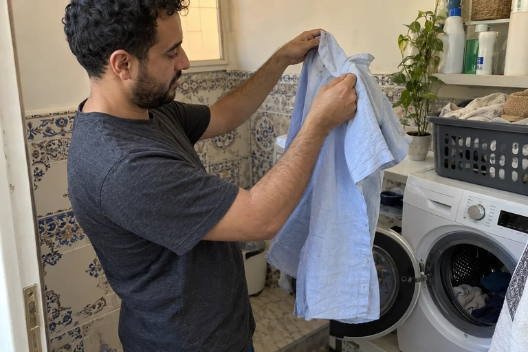 Un homme prépare une chemise en lin près du lave-linge
