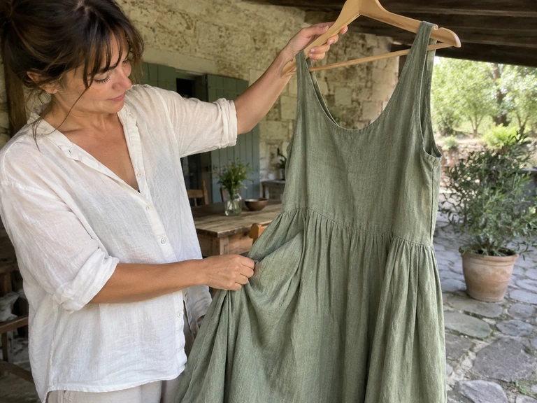 Une robe en lin sèche sur un cintre large à l’ombre